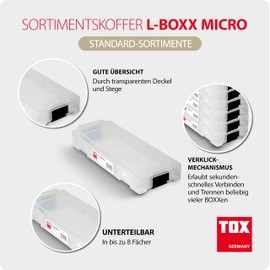 TOX L-BOXX Micro 094909142 Sorting Box for Screws and Dowels, Individually Adjustable + L-BOXX Fix Clip Mounting Bracket (2 Pieces in Bag) for Secure Fixation to Workbench, Wall and Much More