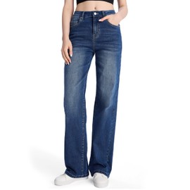 SEVEGO Women's 32"/34"/36" Tall Straight Leg Jeans Mid Waisted Stretchy Loose Denim Pants Casual Baggy Jean Trousers 34'', Blue, M