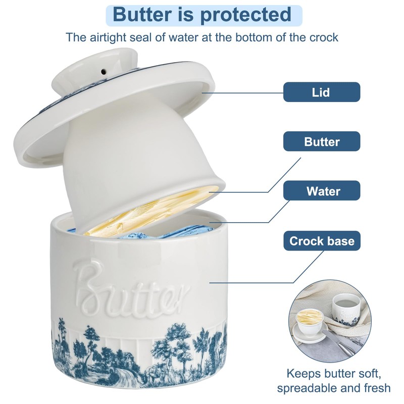 Rzspher Butterglocke Keramik mit Buttermesser, Französische Butterdose mit Deckelf, Wassergeühlte