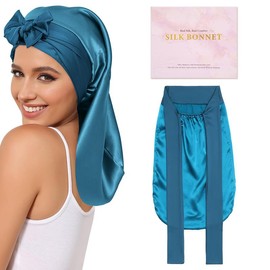 AWAYTR 100% Mulberry Silk Bonnets Long Hair Bonnets Ladies Tie Band Nightcap for Sleeping Hair Care Hair Wrap for Braids Curly Hair Gifts Pink Headwear - Color: Peacock Blue