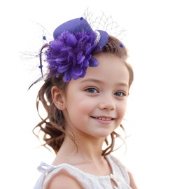 Zinniday Purple Feather Fascinator Hat - 2025 Mini Elegant Veil Derby Hats Veil Headdress Pearl Victoria Topper Kentucky Hair Clip for Lady Women Girls Holiday Event Party Costume