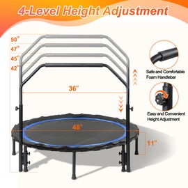 Foldable Mini Trampoline Load 330lbs, 48" Rebounder Trampoline for Adults with Durable Bungee Band and Adjustable Foam Handle for Home Gym, Small Exercise Trampoline for Indoor or Garden Workout