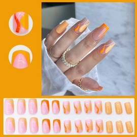 Short Press on Nails French Fake Nails Swirl Design Stick on Nails Full Cover Acrylic Nails Orange Square Glue on Nails Cute Short Nails Spring Summer Static False Nails for Women 24Pcs