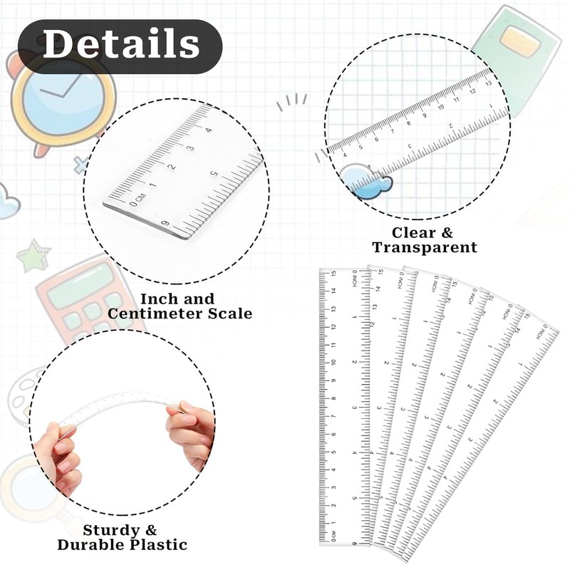 6 Pack Plastic Ruler Set, 30cm Ruler, 20cm 15cm Sizes