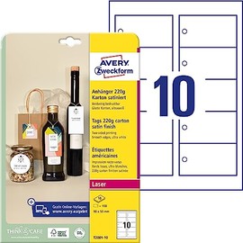 AVERY Zweckform T2001-10 Sturdy Tags Pack of 100 with Cords (90 x 50 mm on A4, Printable on Both Sides, Extra Smooth Edges, Gift Tags, Price Tags) Cardboard 220 g, White