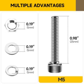 Mywish (50Sets) M5 Screw Kit, M5 x 25mm Socket Head Cap Screws Bolts, 304 Stainless Steel Allen Socket Hex Drive Bolts, Bright Finish M5 Screws with Nuts and Washers & Hex Spanner