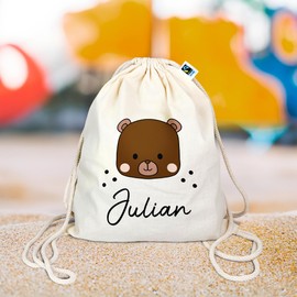 Bio Turnbeutel mit Namen personalisiert & Bedruckt | Motiv Bär | Stoffbeutel Schuhbeutel Sportbeutel Wäschebeutel Rucksack für Kinder Jungen & Mädchen | inkl. NAMENSDRUCK