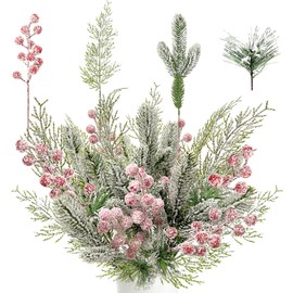 64 PCS Christmas Artificial Pine Branches Christmas Snowy Faux Pine Greenery Stems Red Holly Berries Pine Needles Picks for Christmas Tree Wreath Garland DIY Crafts Holiday Home Decoration