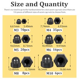 150 piezas Kit de surtido de tuercas de bellota, conjuntos de tuercas de casquillo de bellota métricas M3 M4 M5 M6 M8 M10, tapas de tuerca de nylon ne