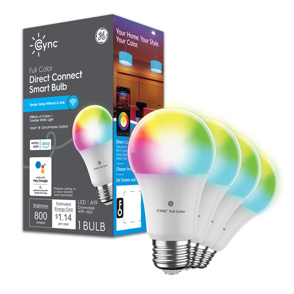 GE CYNC Smart LED Light Bulbs, Color Changing, Bluetooth and Wi-Fi Enabled, Alexa and Google Assistant Compatible, A19 Light Bulbs (4 Pack), 9.5 W