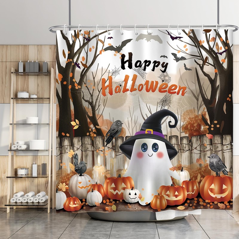Aqrbeci Halloween Ghost Shower Curtain, Spooky Pumpkin Skull Bathroom Curtains