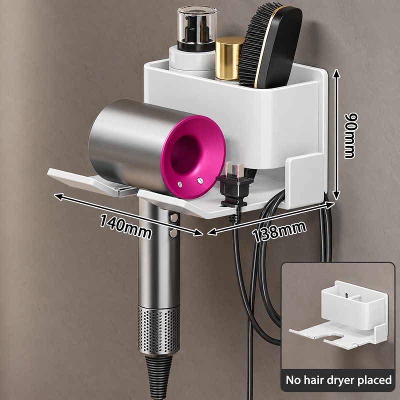 Wall-Mounted Hair Dryer Holder for Bathroom Organization – No-Drill Aluminum