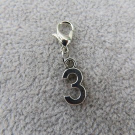 Pemby Studio Initial NUMBER 3 Three Charm Zipper Pull Keychain Add On Clip Silver Tone Team