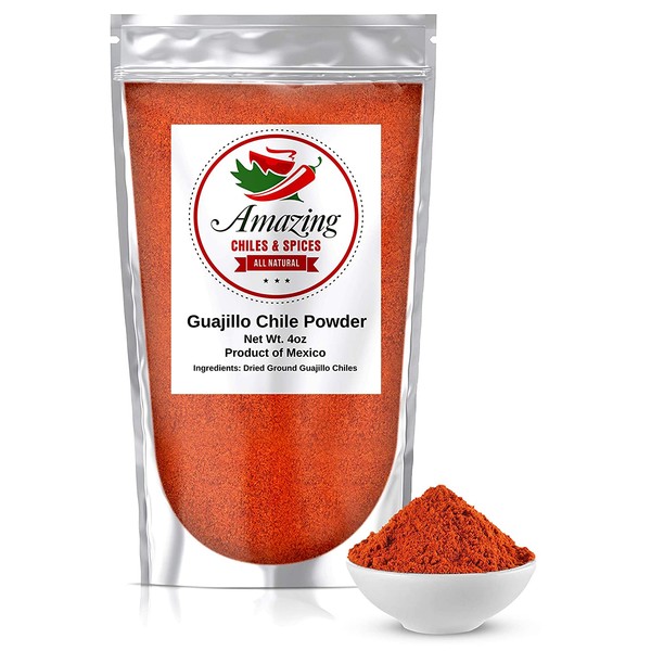 Guajillo Chile Powder Ground (4oz) – Natural and Premium. Great For Chili, Sauces, Stews, Salsa, Meat Rubs, Enchiladas, Mole and Tamales. Tangy Spicy-Sweet Flavor By Amazing Chiles and Spices…
