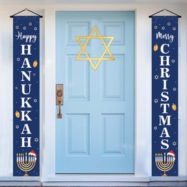 Hanukkah Decorations Happy Hanukkah Merry Christmas Banner Decor for Front Door Porch, Chanukkah Xmas Banners Decorations for Home Office Classroom Xmas Party Hanging Decor Supplies