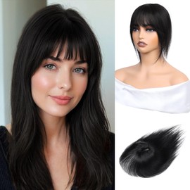 Inifale Hair Toppers for Women Clip in Bangs Real Human Hair,30g Natural Black Topper for Women 150% Density Silk Base Clip in Pieces Straight Hair for Thin Hair Daily Use