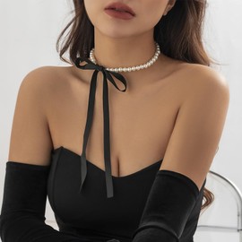 Pearl Choker Necklace Vintage White Faux Pearl DIY Velvet Tassel Necklace Bow Pearl Necklace (A, Black)