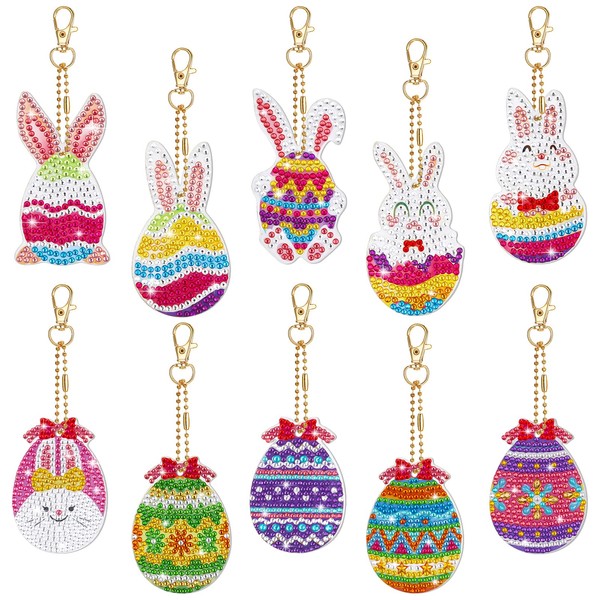 FANTESI Pack of 10 Easter Diamond Painting Pendants, 5D Diamond Painting Key Chain Kit, Easter Decoration, Key Ring, Gifts, Craft, Easter Bunny, Easter Eggs, Diamond Painting for Children Crafts