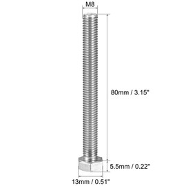 TA-VIGOR M8 x 80mm Hex Bolts, 304 Stainless Steel Fully Threaded M8 Bolts, Fully Threaded Hex Bolts for Metal Construction and Machinery Repair, 6Pcs