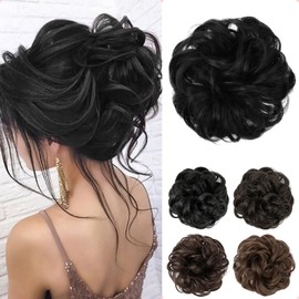 JJstar Bun Hairpiece Large Hair Piece Curly Wavy Human Hair Fake Elastic Hair Extensions for Women and Girls (Dark Black)