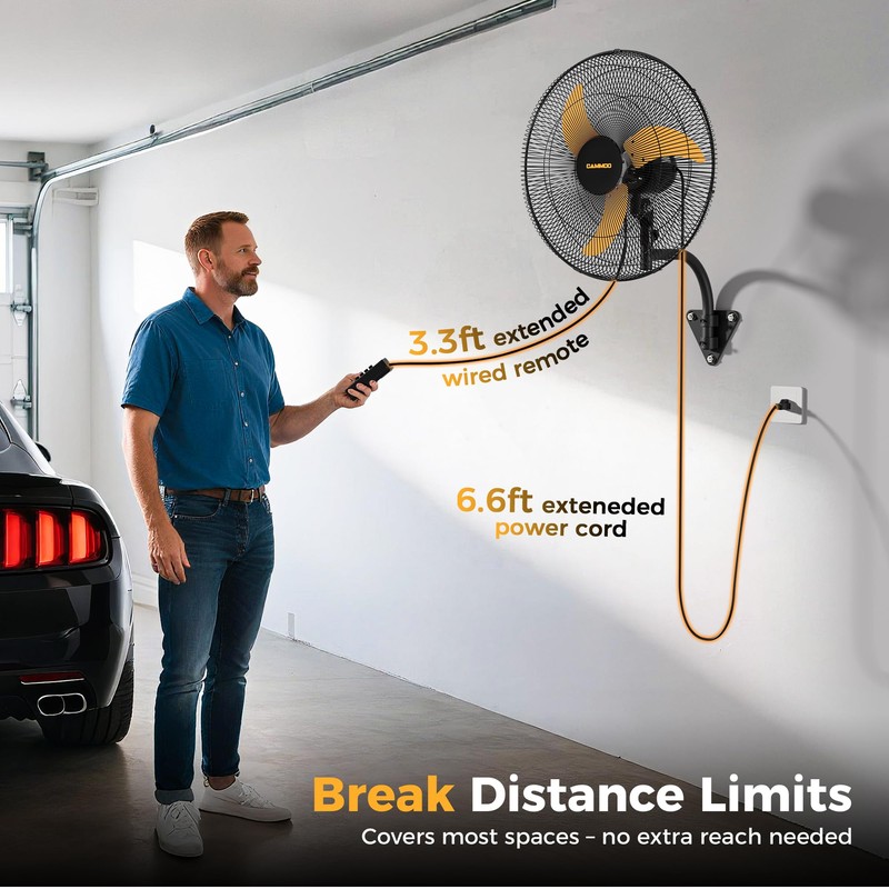 CAMMOO 20 inch Wall Mount Fan Oscillating, Extended 3.3ft Wired