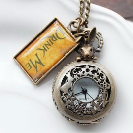 Onwon Vintage Drink Me Pocket Watch Necklace Quartz Watch Alice in Wonderland Rabbit