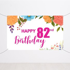 ALLUREVIE Happy 82nd Birthday Decoration Backdrop Birthday Banner Floral Birthday Party Decoration Photo Background Anniversary Party Supplies - 71 x 44 Inches