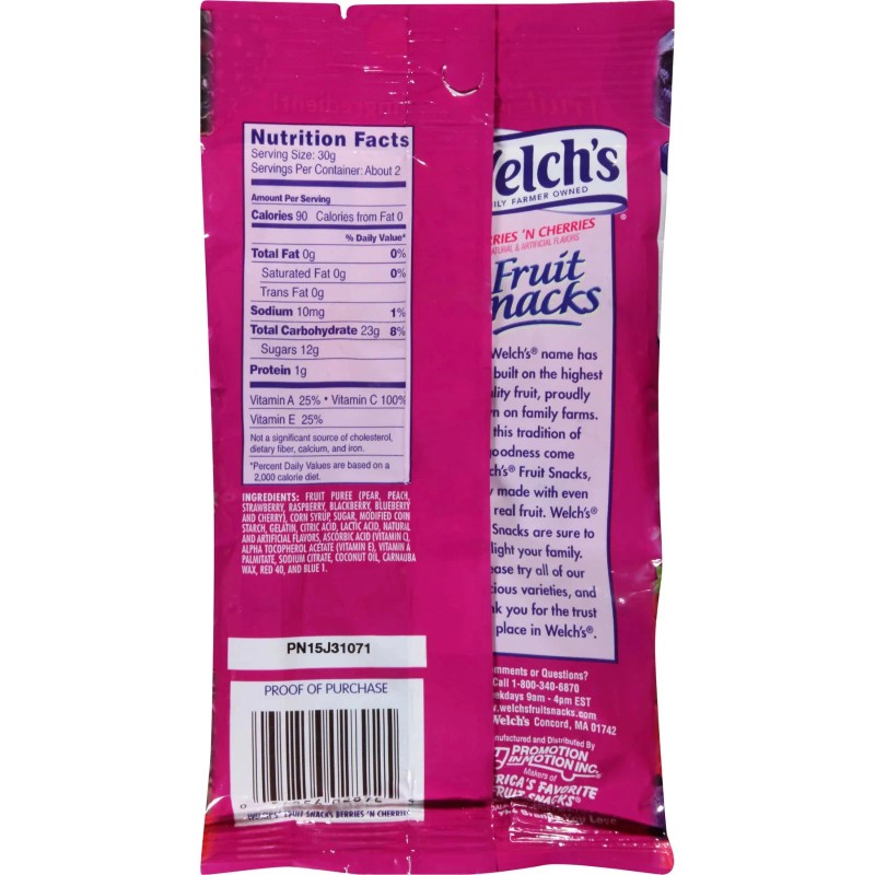 Welch's Fruit Snacks Berries 'N Cherries, Real Fruit Juice, 2.25oz
