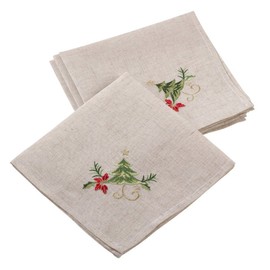 Fennco Styles Embroidered Christmas Tree Design Holiday Linen Blend Table Cloth Napkins 20" W x 20" L, Set of 4