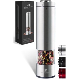 Electric Salt and Pepper Grinder - Battery Operated Stainless Steel Pepper Mill with Light - Automatic One Handed Operation - Electronic Adjustable Shaker - Ceramic Grinder