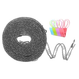 uxcell Windproof Clothesline, 5M 16.4ft Plastic Non-Slip Clothes Drying Rope with 12 Clips, Portable Washing Line for Outdoor Camping Traveling, Grey