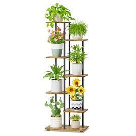 iDavosic.ly 6 Tier Tall Plant Stand Indoor, Tiered Corner Metal Wood Multiple Flower Holder Shelf, 50 Inch Orchid Display Rack for Patio Porch Living Room Balcony Outdoor, Modern Black & Rustic Brown