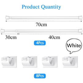 Adjustable Curtain Rod Extendable Spring Tension Rod with Self Adhesive Hook for Closet, Wardrobe, Bookshelf, Small Window, White, Length 15.7 to 27.5 Inch (4 Pieces)