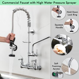 Commercial Faucet with Pre Rinse Sprayer, Wall Mount Kitchen Faucet with 12" Swing Spout 8 Inch Center Commercial Sink Faucet Pull Down Sprayer for Industrial, Restaurant, Sink, Brass