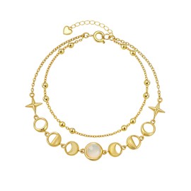 Moonstone Moon Phase Link Bracelet for Women, 14K Gold Plated Celestial New Full Moon Lunar Charm Double Layered Chain Gift for Birthday Christmas Boho Spiritual Jewelry for Wife Girlfriend Daughter