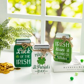 Glitzhome St Patricks Day Decorations Set of 3 St Patricks Day Wooden Mason Jar Table decor Farmhouse St. Patrick's Day Wood Signs Mason Jar Blocks Ornaments for Home Indoor Tiered Tray Decor 7" L
