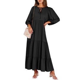 ANRABESS Womens Boho Maxi Dresses 2025 Summer V Neck Puff Sleeve Floral Flowy Swing Casual Long Dress Black X-Large