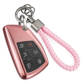 Coverforkey for Buick Key Fob Cover with Upgraded Anti-Lost Metal Braided Rope Keychain, Exquisite Soft TPU Case for Avenir Envision Encore Suburban Tahoe GMC Yukon (Pink, B)