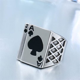 PAMTIER Men's Stainless Steel Poker Card Ace of Spades Lucky Ring Signet Style Vintage Silver Black Size 12