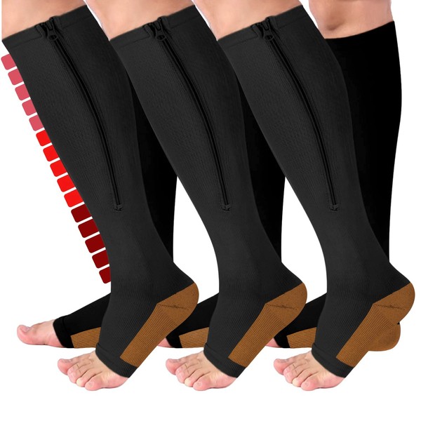 3 pares de calcetines de compresión con cremallera – Medias de compresión hasta la pantorrilla hasta la rodilla con puntera abierta, de cobre, 15-20 mmHg, XXL