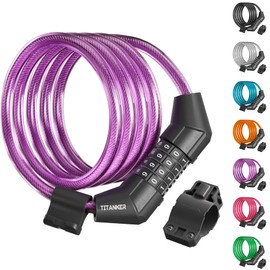 Titanker Bike Lock Cable, 4 Feet Bike Cable Lock Basic Self Coiling Kids Bike Lock Combination with Complimentary Mounting Bracket, 5/16 Inch Diameter (4FT, Purple-8mm)