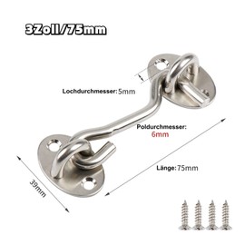 ORTAVA Pack of 2 Storm Hooks, Stainless Steel, 3 Inches/75 mm Storm Hooks with Eyelet, Door Latch, Door Holder, Window Hooks for Shutters, Barn Door, Garden Gate, Garage Door with 8 Screws (Silver)