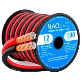 NAOEVO 12 Gauge Wire 100FT, 2 Conductors Electrical Wire Red Black Cable, Flexible/Low Voltage/PVC 12 AWG Copper Clad Aluminum Extension Cord for Speaker, LED Strips, Automotive 12V/24V DC