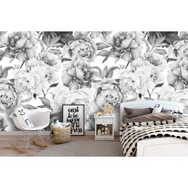 Removable Peel 'n Stick Wallpaper, Self-Adhesive Wall Mural, Watercolor Floral Pattern, Nursery Decor, Custom Color • Peonies Grey 'n White (Sample 6" x 8")