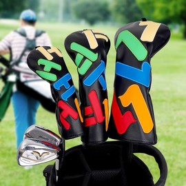 Golf Club Head covers Wood Set 3 PACKS 1FH DR FW UT for Driver Fairway Hybrid with No.Tag Elastic Closure Black PU Leather Multicolored Text