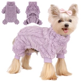 Dog Fleece Sweater, Winter Warm Small Dog Clothes for Girls Boy, Pet Stretchy Jumpsuit Pajamas, Turtleneck Puppy Sweaters with 4 Legged(Purple, XS)