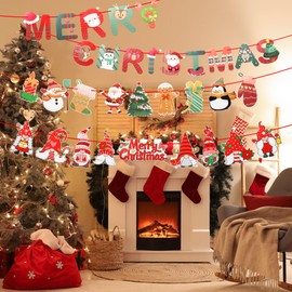 Merry Christmas Banner Garland Christmas Paper Hanging Bunting, 4 Packs Xmas Bunting Flags Christmas Tree Banner With Santa Claus Snowman For Fireplace Window Wall Mantle Office Party Supplies