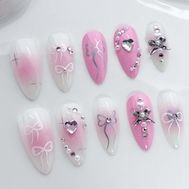 Almond Press On Nails Medium Fake Nails Heart Rhinestone With Bow Gradient Design Pink False Nails Full Cover Stick On Nails Artificial Acrylic Nails Glue On Nails For Women Manicure 24pcs