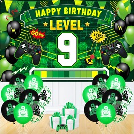Video Game Themed 9th Birthday Party Decorations Green Black Happy 9th Birthday Level Up Banner with 18Pcs Level 9 Game Theme Balloons for Boys Girls Game Party 9 Years Old Birthday Party Supplies