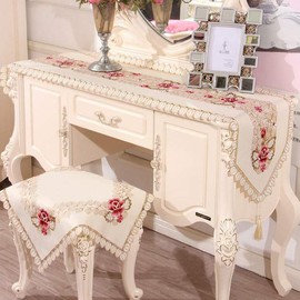LeLehome 15 Inch X 77 Inch Classic Embroidery Table Runner, Rose Flowers Lace Beige Floral Washable Dresser Scarf Table Top Home Dining Decoration - White Leaves